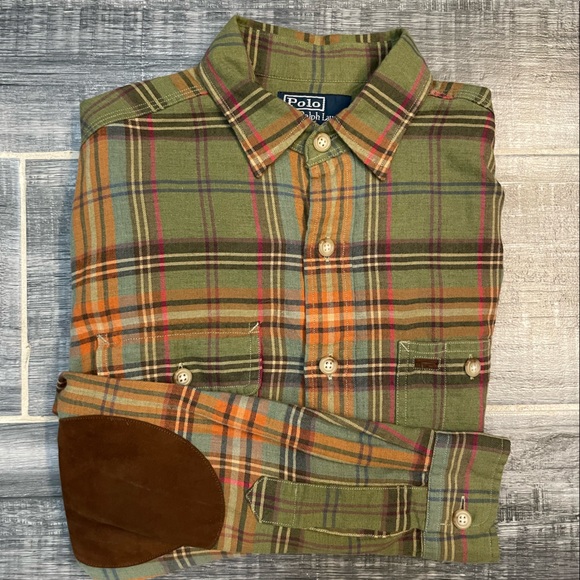 Rare Polo Ralph Lauren Cotton Wool Plaid Flannel Shirt with Suede Elbow Patches - Picture 8 of 9